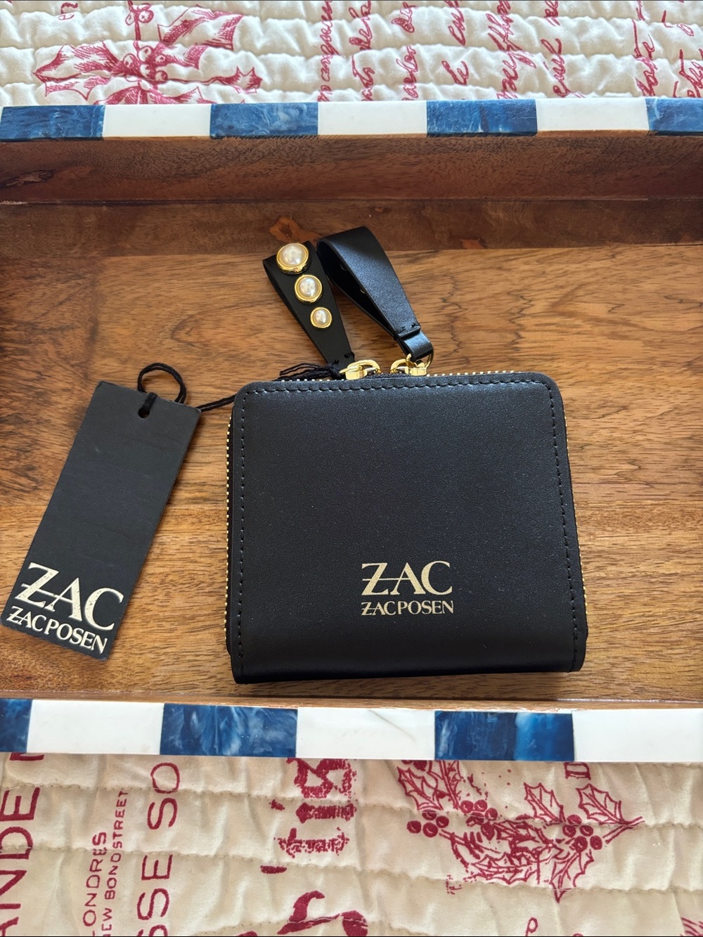 NWT ZAC Zac Posen Black Leather Eartha Zipped Small Wallet with Pearl Zip Tags